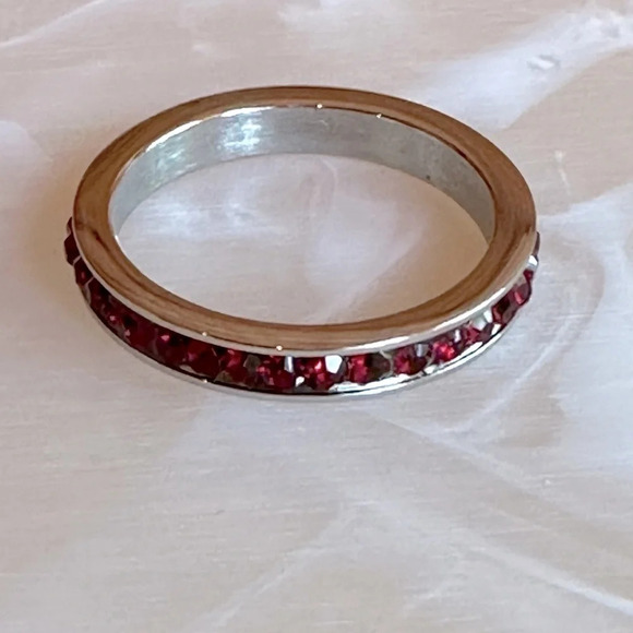 Dark Red Garnet Colored CZ Stainless Steel Eternity Band Ring January Birthstone - Picture 1 of 6